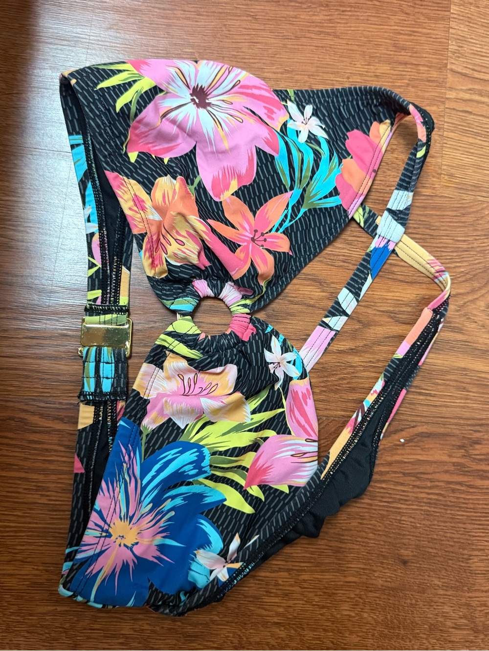 Floral Twist Front Bikini Set - Black with Pink & Blue Flowers - Picture 2 of 7